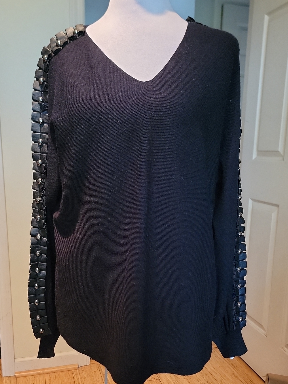 Black V-Neck Women's Sweater with Studded Sleeve Detail
